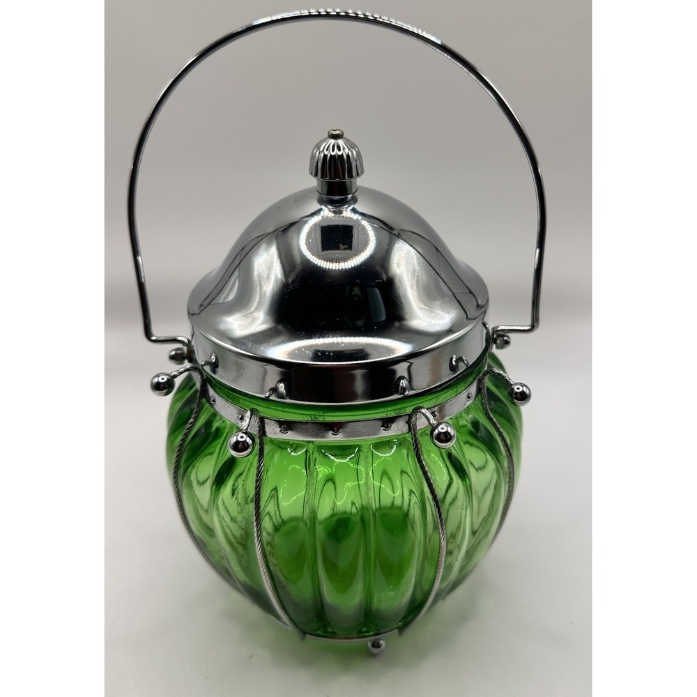 Vtg Emerald Green Glass Musical Biscuit Jar w/Metal Lid Plays "Love Story" Japan
